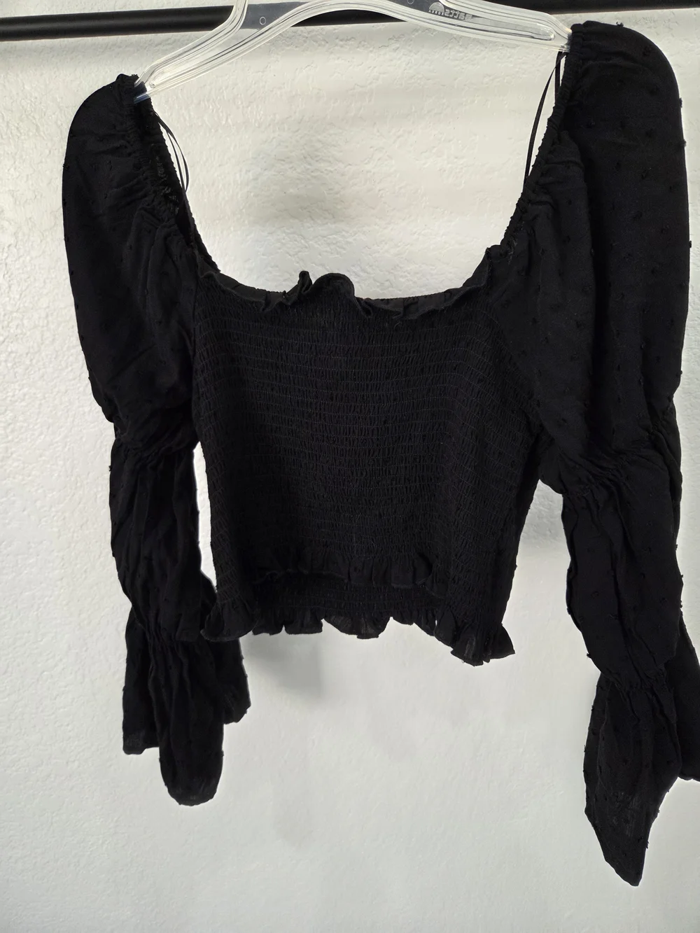 Francesca's Black Smocked Puff-Sleeve Crop Top with Ruffle Hem